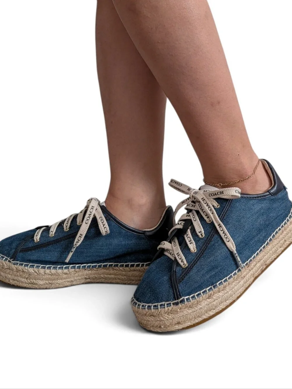Coach Cate Blue Denim Espadrille Platform Lace-Up Sneakers